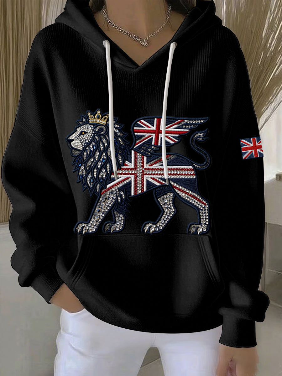 Women's British style imitation denim rhinestone hot-drill Print Casual Hoodie-1