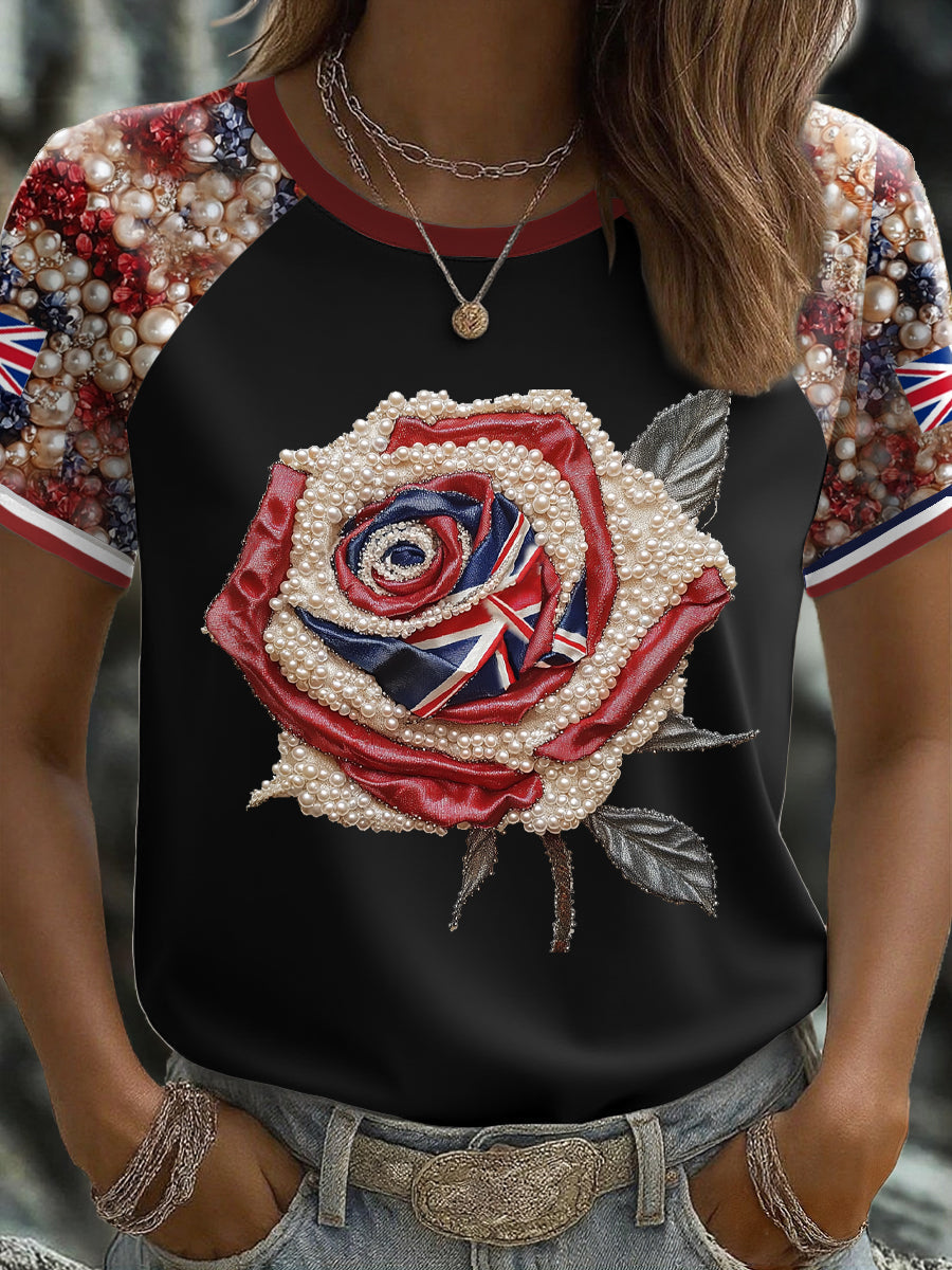 Women's UK Flag Rose Art Printed T-shirt-1
