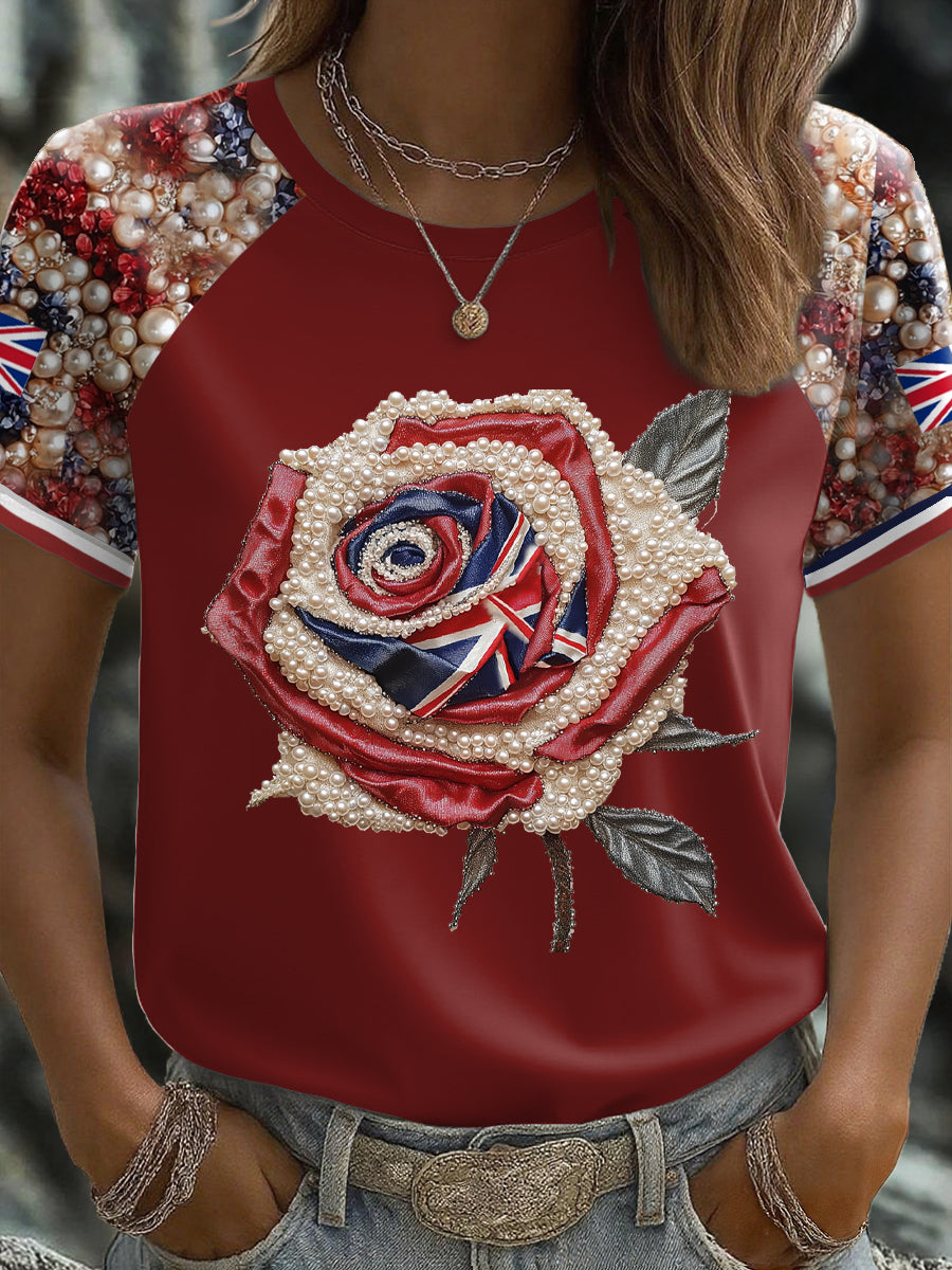 Women's UK Flag Rose Art Printed T-shirt-3
