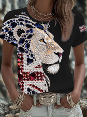 Women's British imitation diamond hot-drilling Printed Iron On Short Sleeve T-Shirt-1