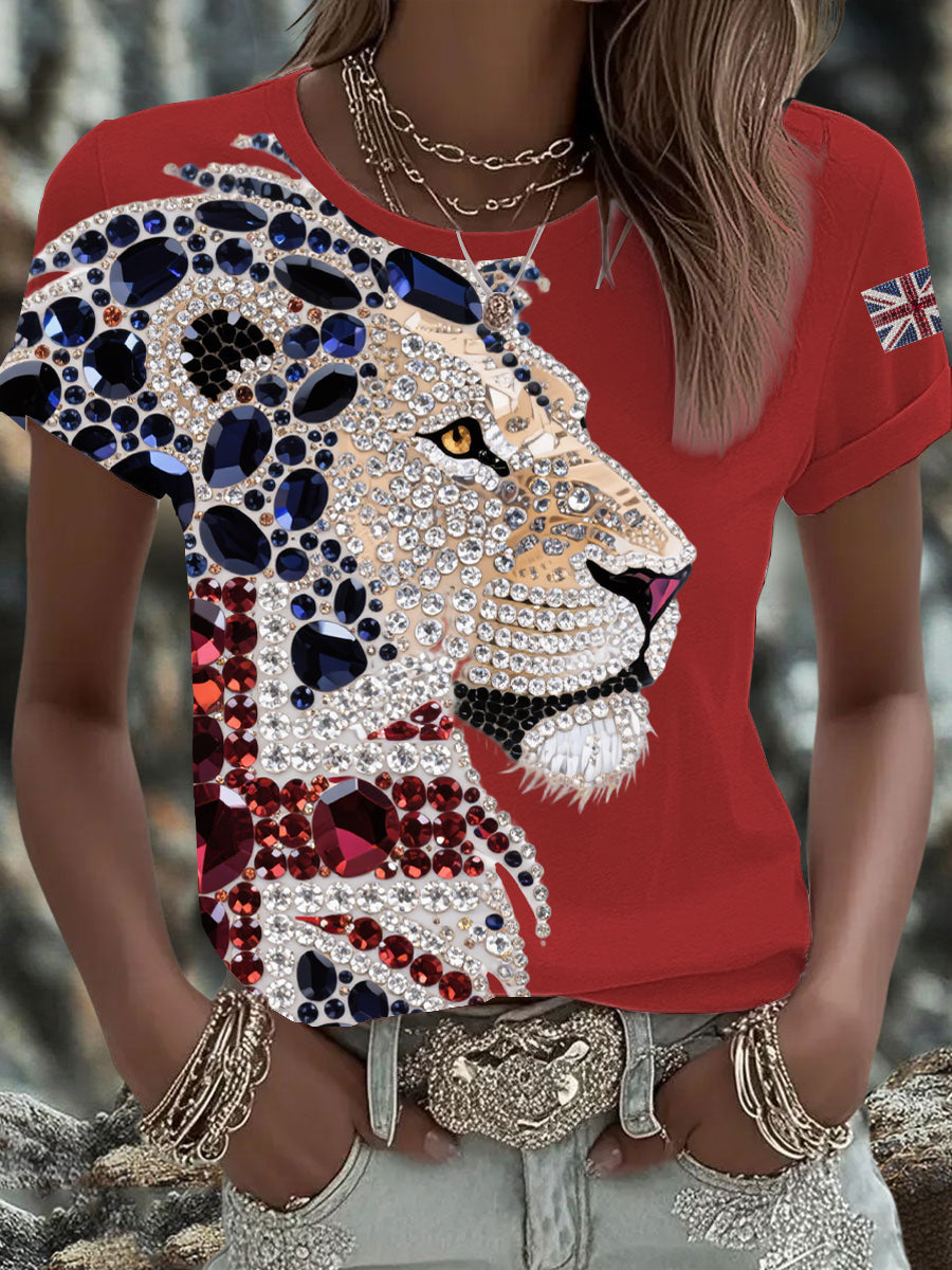 Women's British imitation diamond hot-drilling Printed Iron On Short Sleeve T-Shirt-2