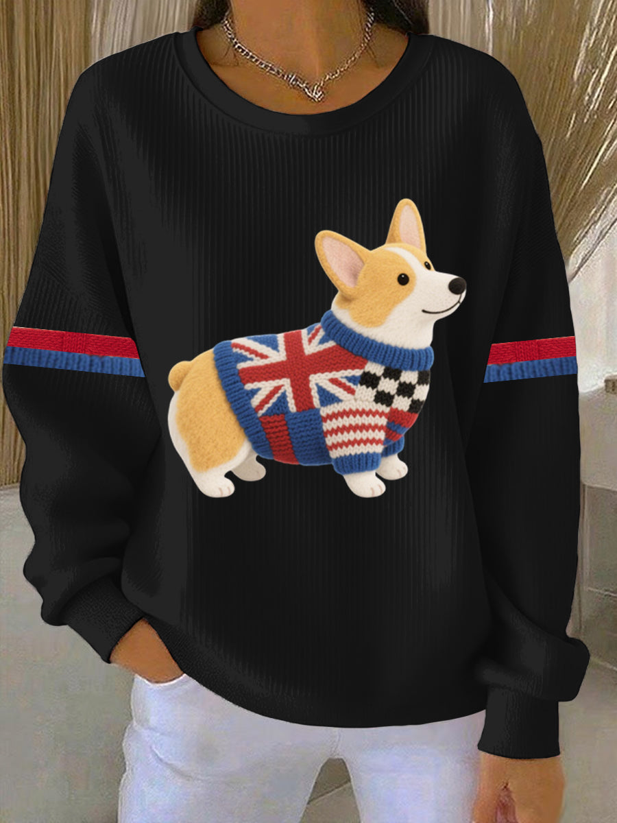 Women's British Faux Felt Corgi Print Casual Sweatshirt-1