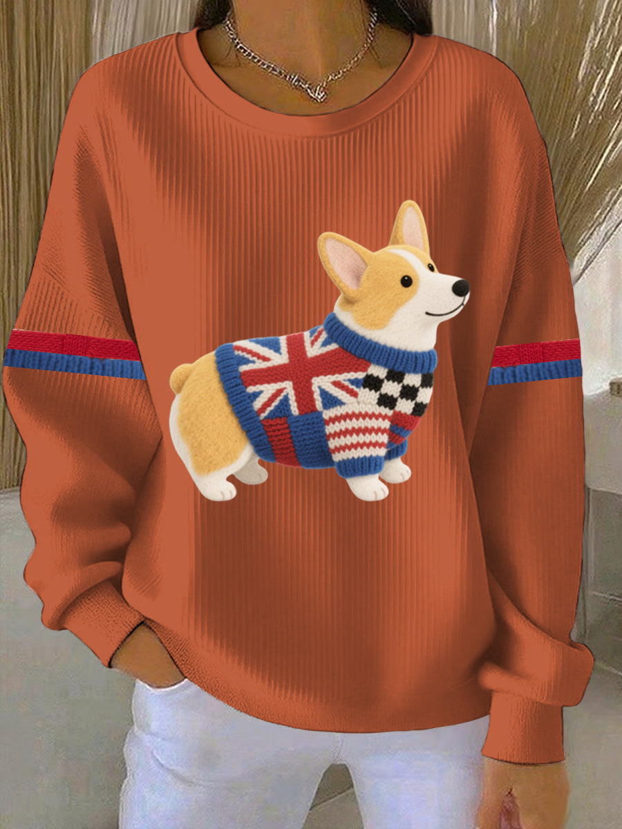 Women's British Faux Felt Corgi Print Casual Sweatshirt-4