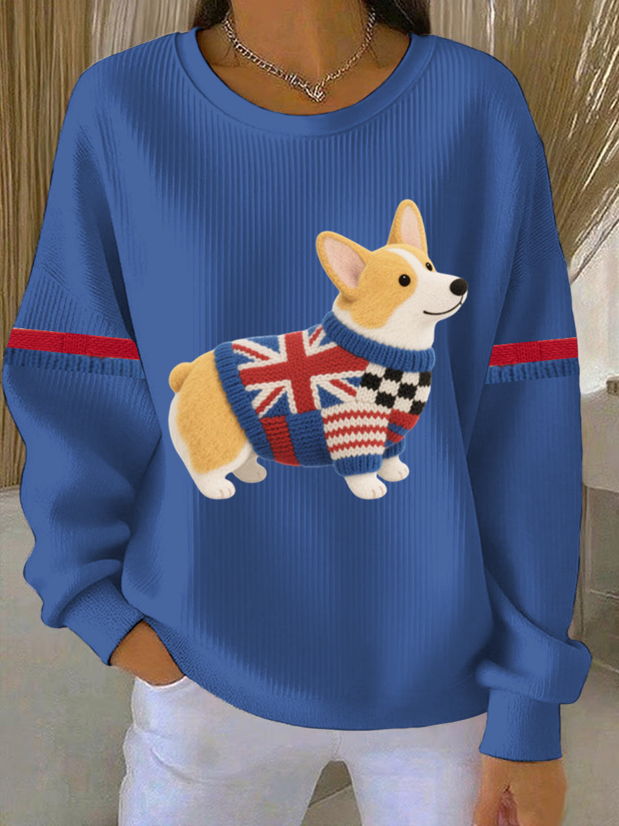 Women's British Faux Felt Corgi Print Casual Sweatshirt-3