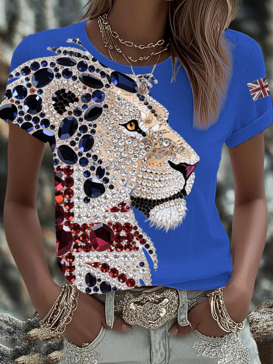 Women's British imitation diamond hot-drilling Printed Iron On Short Sleeve T-Shirt-3