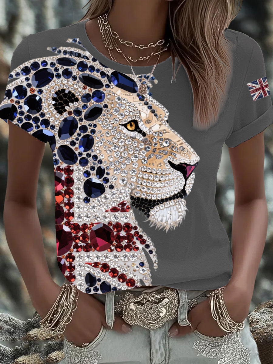 Women's British imitation diamond hot-drilling Printed Iron On Short Sleeve T-Shirt-4