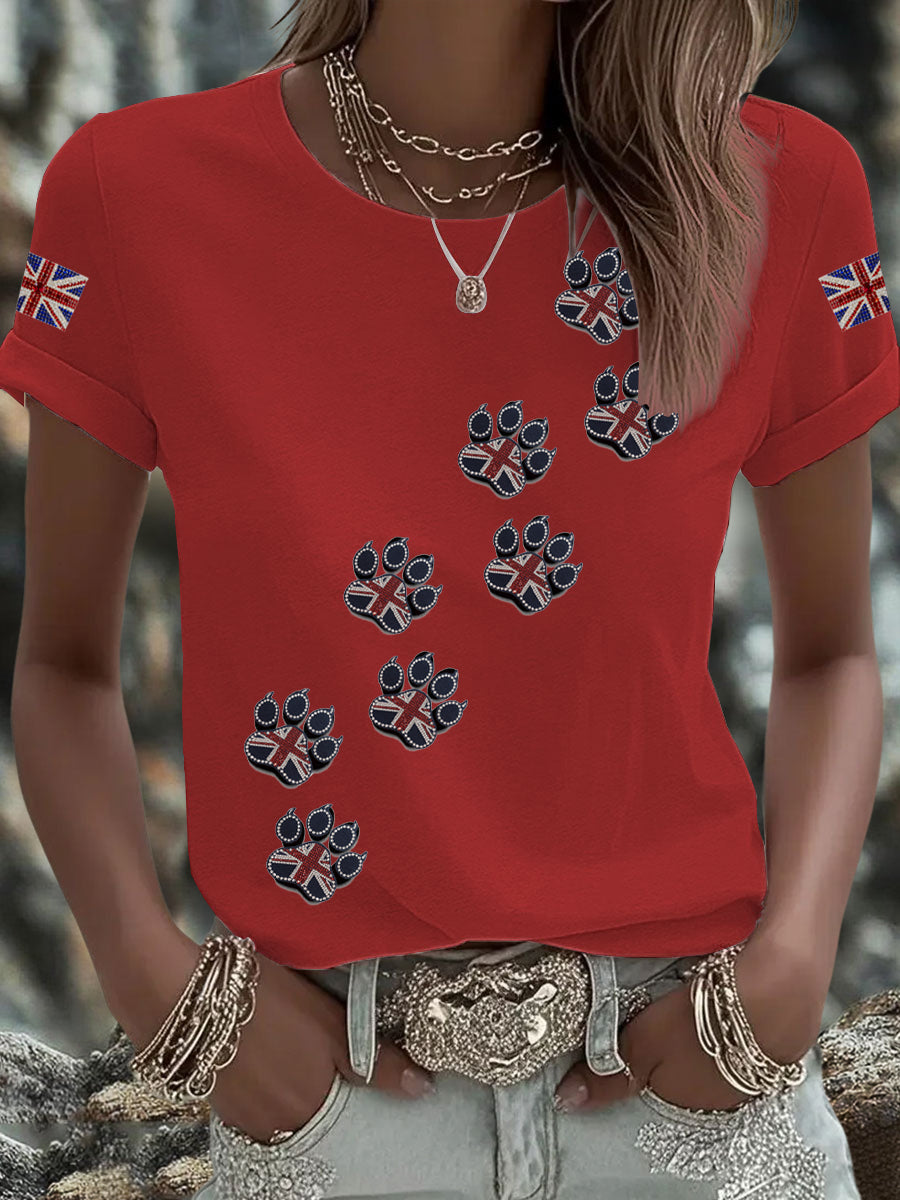 Women's British imitation diamond hot-drilling Printed Iron On Short Sleeve T-Shirt-2