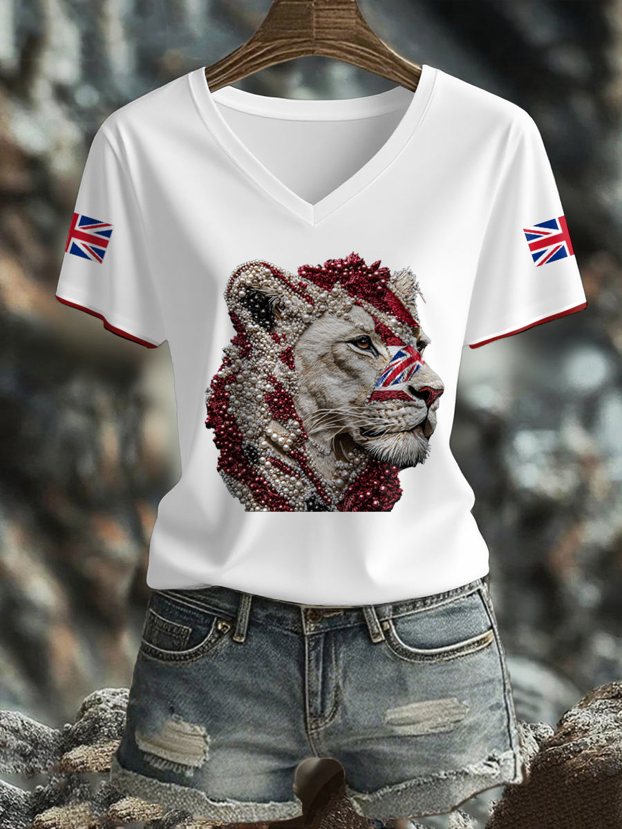 Women's UK Flag Lioness Art Printed T-shirt-1