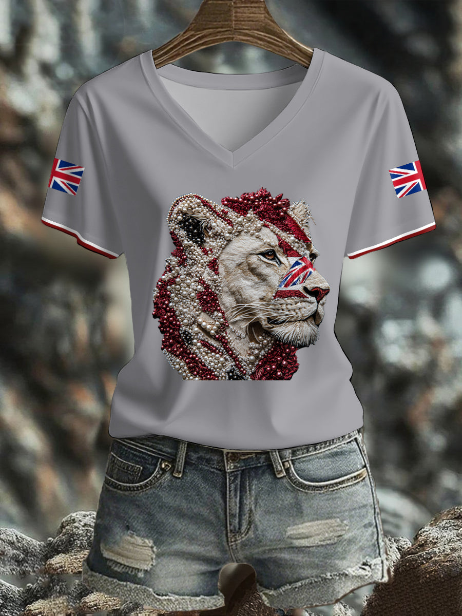 Women's UK Flag Lioness Art Printed T-shirt-2