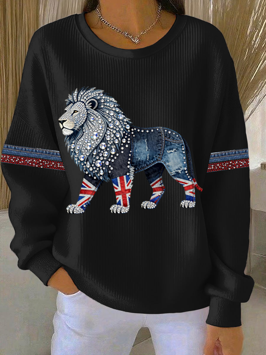 Women's British style imitation denim rhinestone hot-drill Print Casual Sweatshirt-1