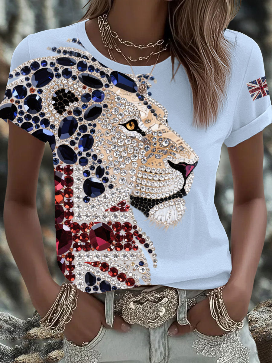 Women's British imitation diamond hot-drilling Printed Iron On Short Sleeve T-Shirt-5