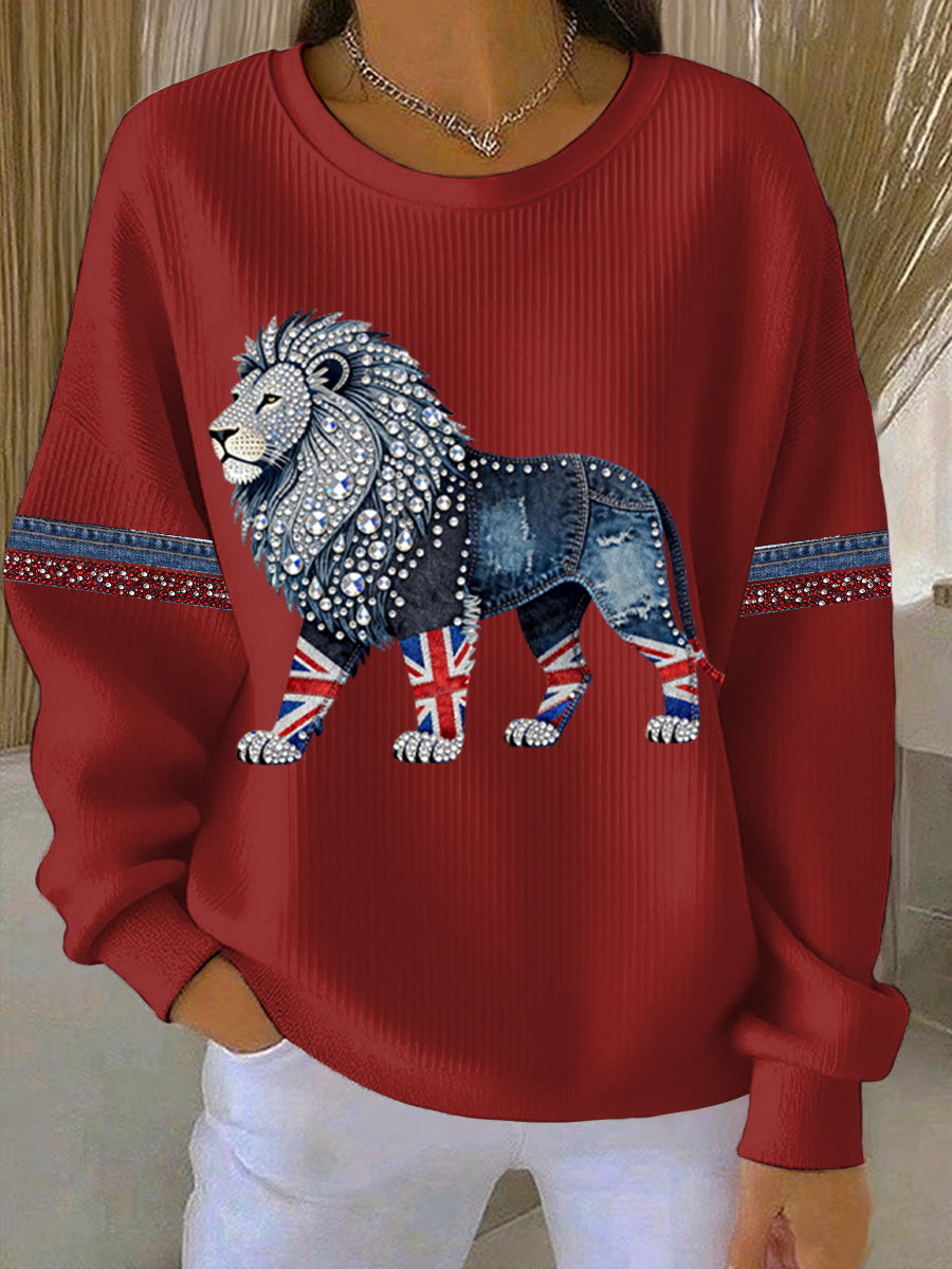 Women's British style imitation denim rhinestone hot-drill Print Casual Sweatshirt-2