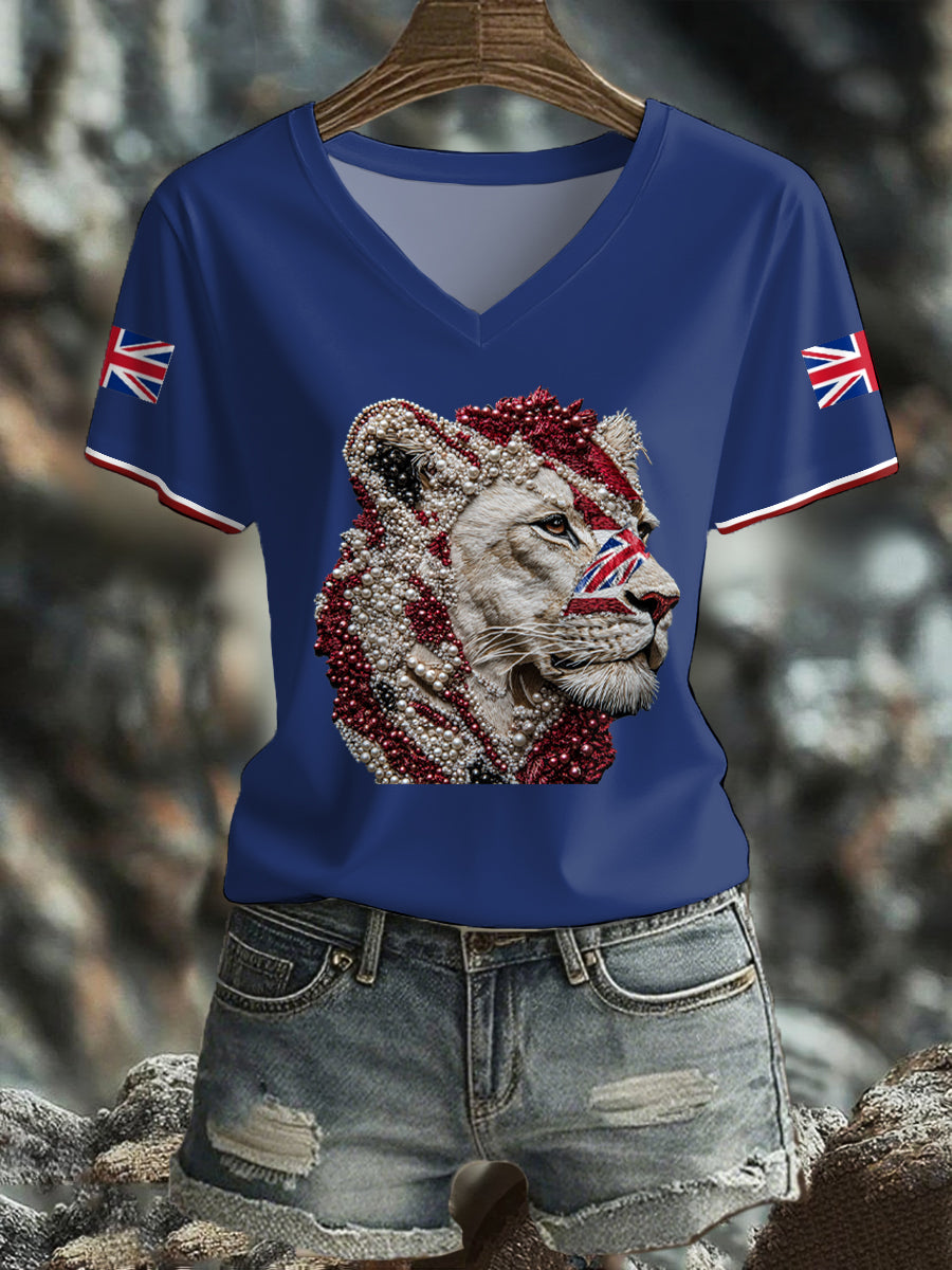 Women's UK Flag Lioness Art Printed T-shirt-4