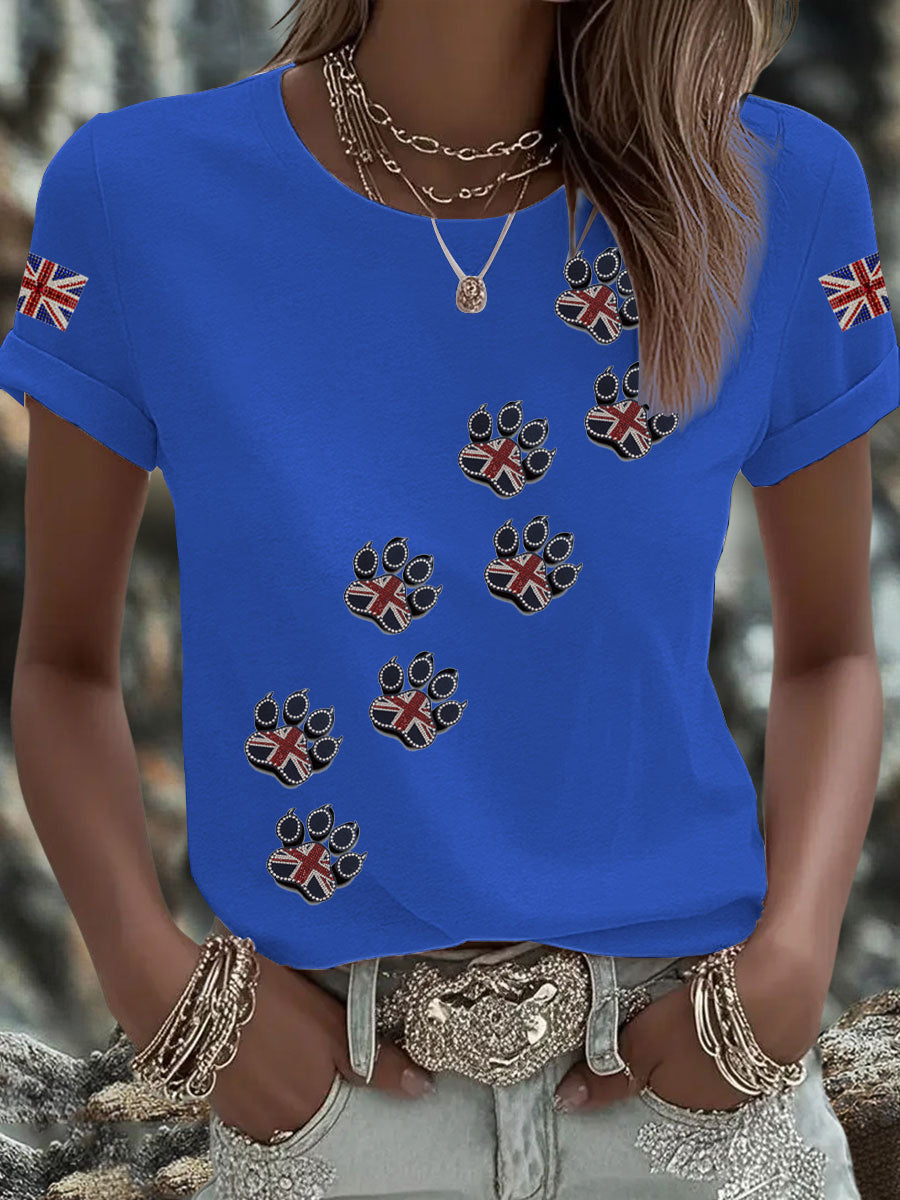 Women's British imitation diamond hot-drilling Printed Iron On Short Sleeve T-Shirt-3