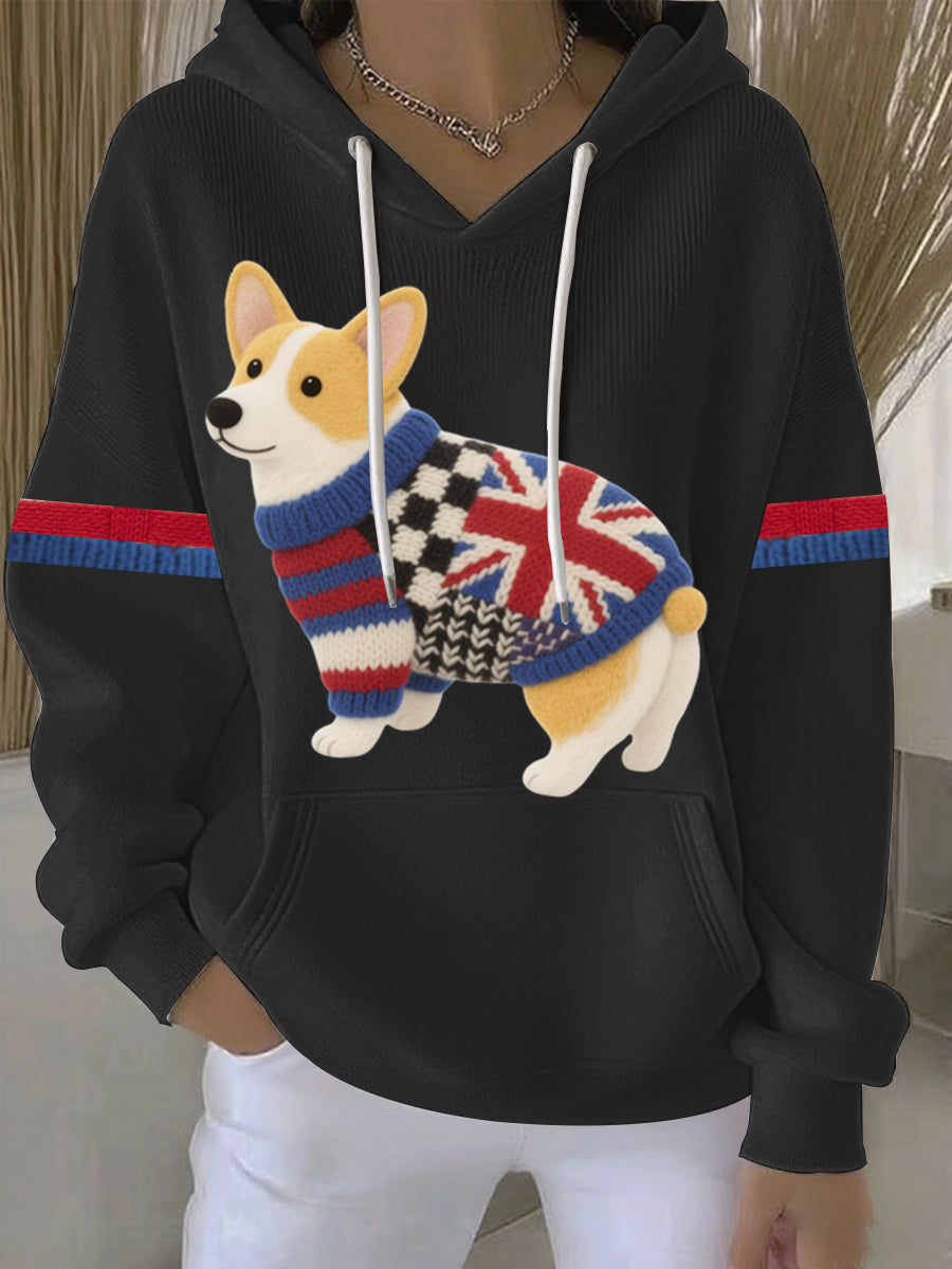 Women's British Faux Felt Corgi Print Casual Hoodie-1