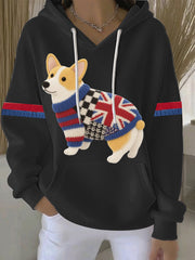 Women's British Faux Felt Corgi Print Casual Hoodie-1