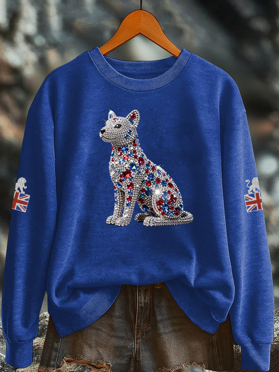 Women's British imitation diamond hot-drilling Printed Regular Sweatshirt-2