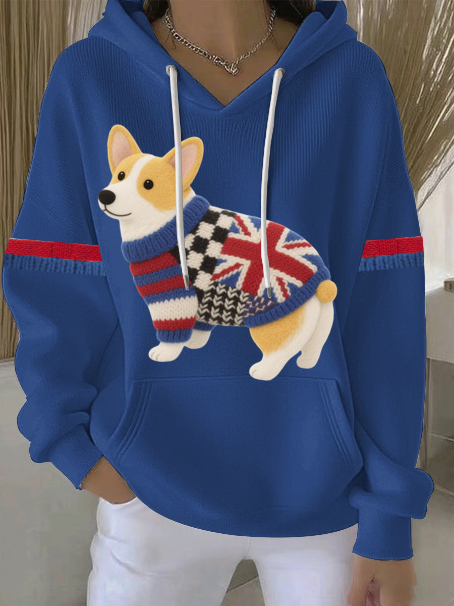Women's British Faux Felt Corgi Print Casual Hoodie-3