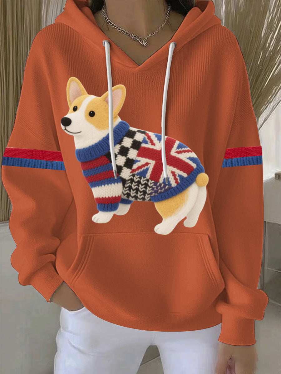 Women's British Faux Felt Corgi Print Casual Hoodie-4