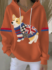 Women's British Faux Felt Corgi Print Casual Hoodie-4