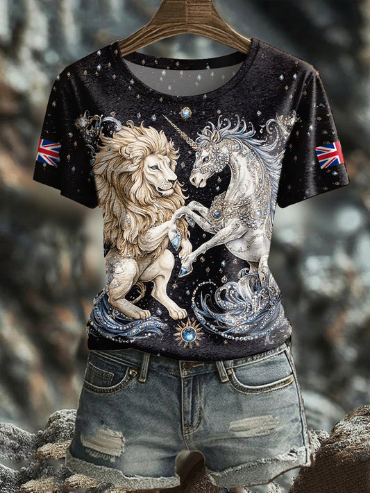 Women's Retro Lion Unicorn UK Flag Printed T-Shirt