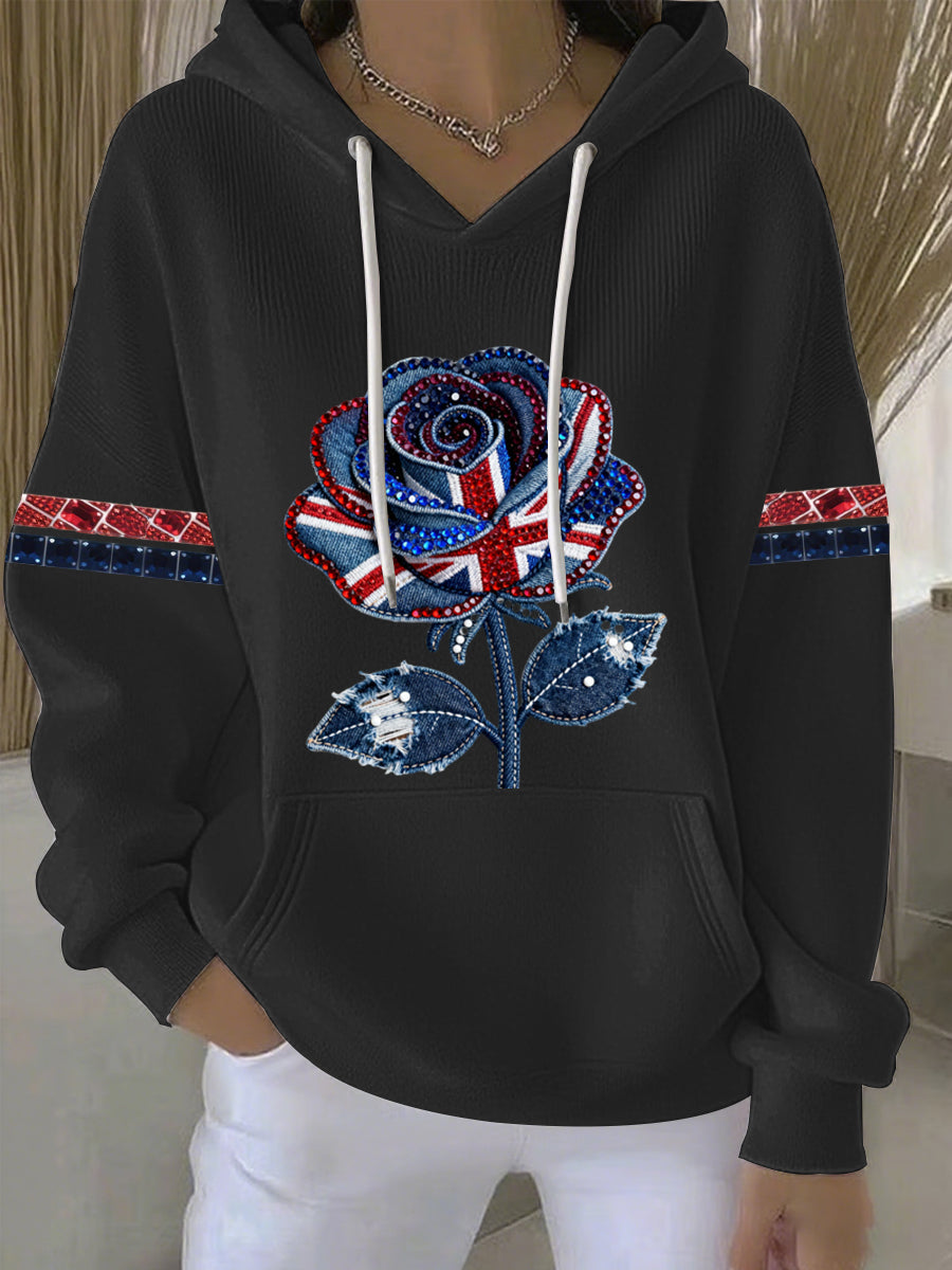 Women's British style imitation denim rhinestone hot-drill Print Casual Hoodie-1