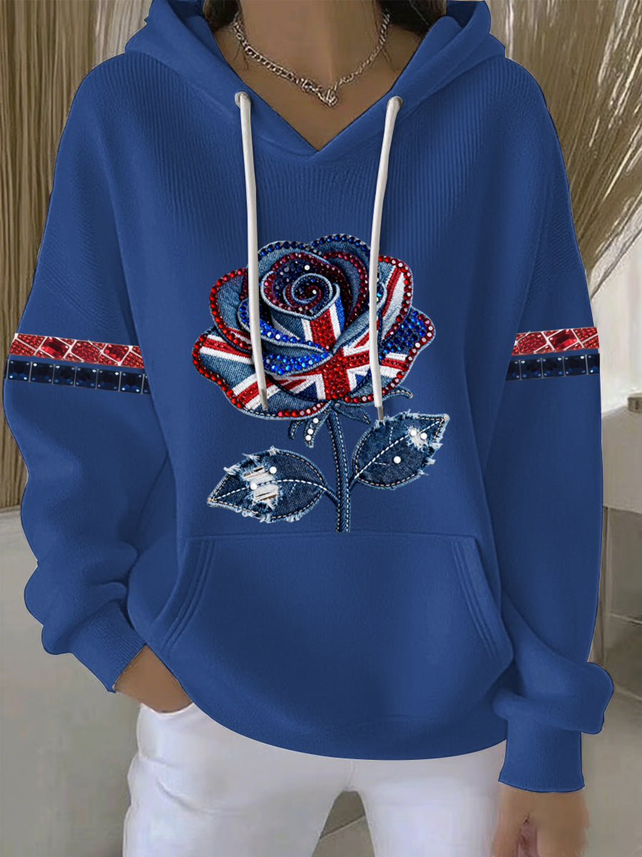 Women's British style imitation denim rhinestone hot-drill Print Casual Hoodie-3