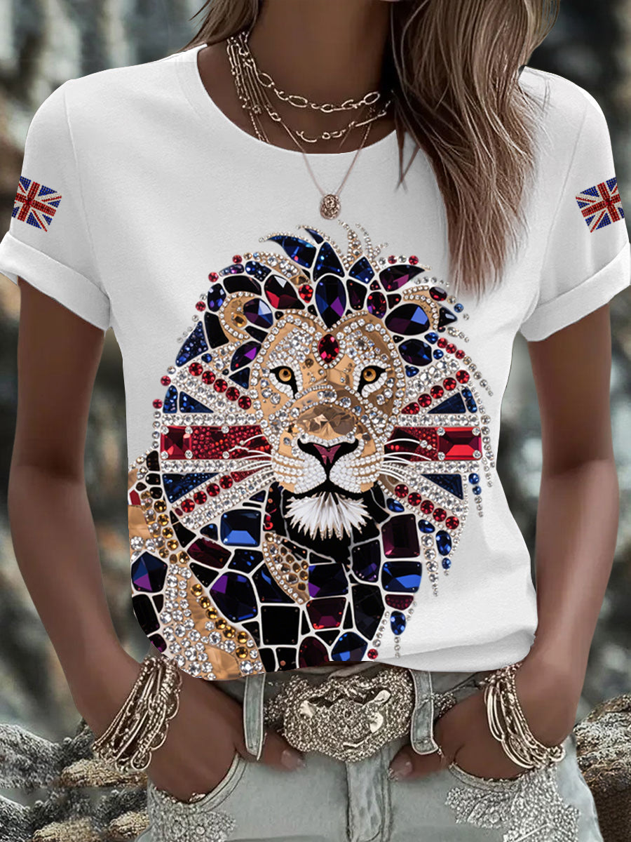 Women's British imitation diamond hot-drilling Printed Iron On Short Sleeve T-Shirt