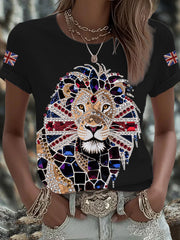 Women's British imitation diamond hot-drilling Printed Iron On Short Sleeve T-Shirt-1