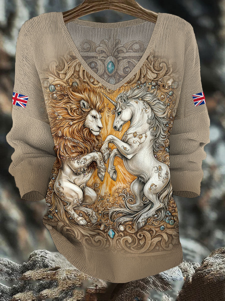 Women's Retro Lion Unicorn UK Flag Printed Tops