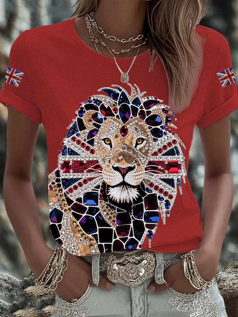 Women's British imitation diamond hot-drilling Printed Iron On Short Sleeve T-Shirt-2