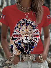 Women's British imitation diamond hot-drilling Printed Iron On Short Sleeve T-Shirt-2