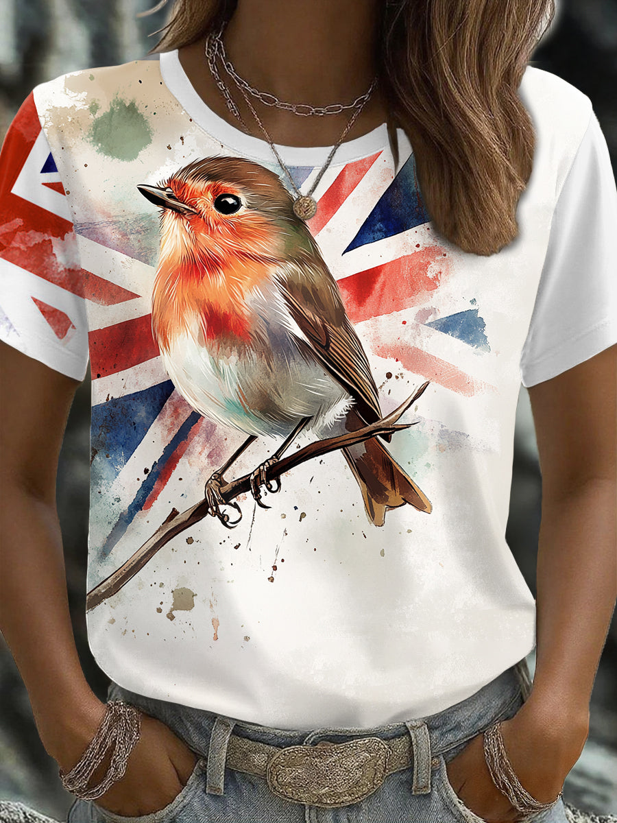 Women's UK Flag Art Robin Watercolor Printed T-shirt