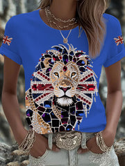 Women's British imitation diamond hot-drilling Printed Iron On Short Sleeve T-Shirt-3