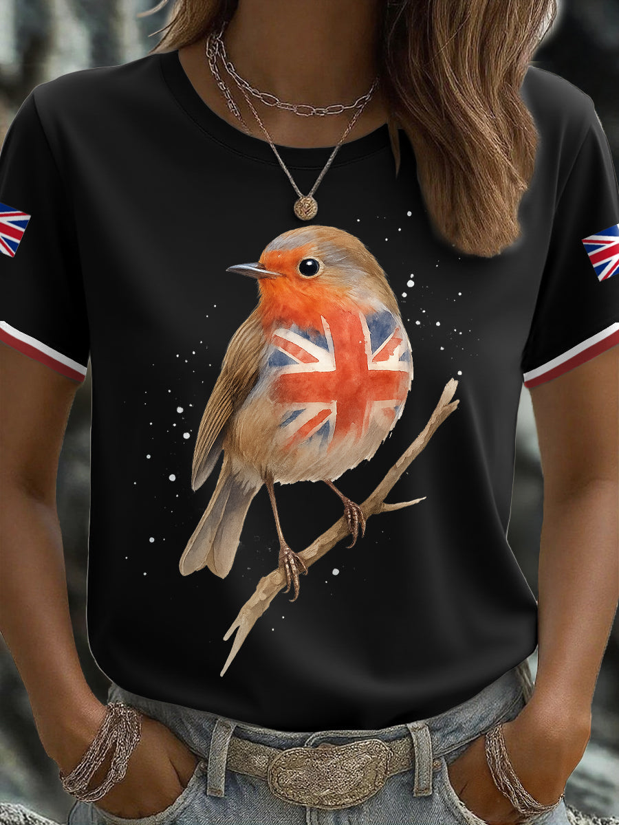 Women's UK Flag Art Robin Watercolor Printed T-shirt-1