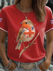 Women's UK Flag Art Robin Watercolor Printed T-shirt-3