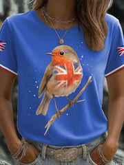 Women's UK Flag Art Robin Watercolor Printed T-shirt-4