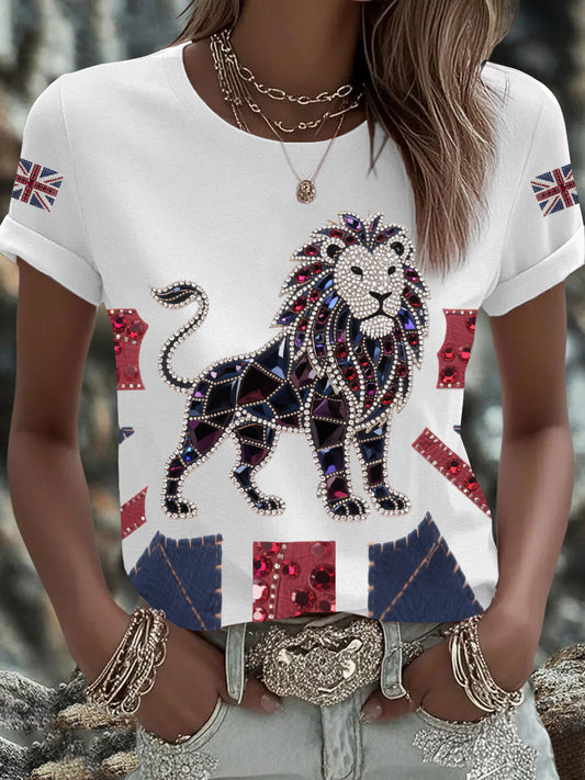 Women's British imitation diamond hot-drilling Printed Iron On Short Sleeve T-Shirt