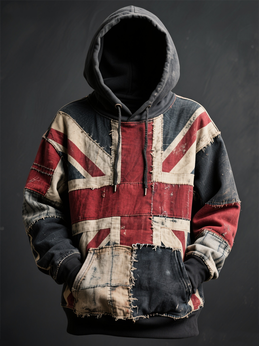 Unisex Union Jack and patchwork printed Oversized Drop-Shoulder Hoodie with Pockets