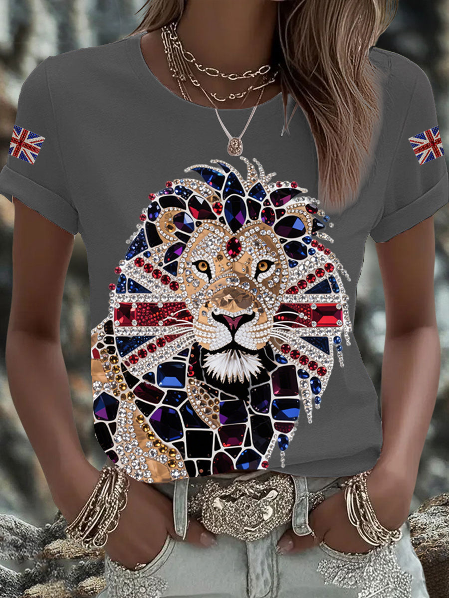 Women's British imitation diamond hot-drilling Printed Iron On Short Sleeve T-Shirt-4