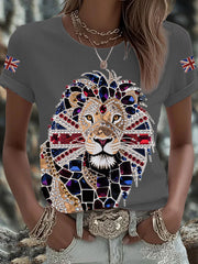 Women's British imitation diamond hot-drilling Printed Iron On Short Sleeve T-Shirt-4