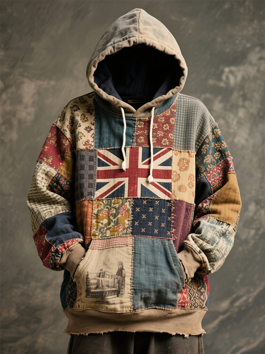 Unisex Union Jack and patchwork printed Oversized Drop-Shoulder Hoodie with Pockets