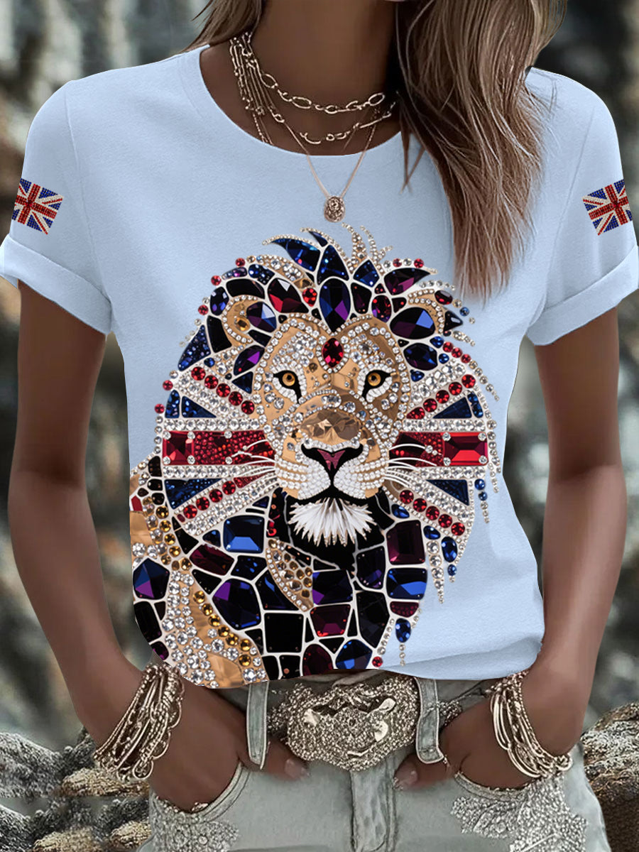 Women's British imitation diamond hot-drilling Printed Iron On Short Sleeve T-Shirt-5