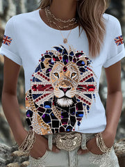Women's British imitation diamond hot-drilling Printed Iron On Short Sleeve T-Shirt-5