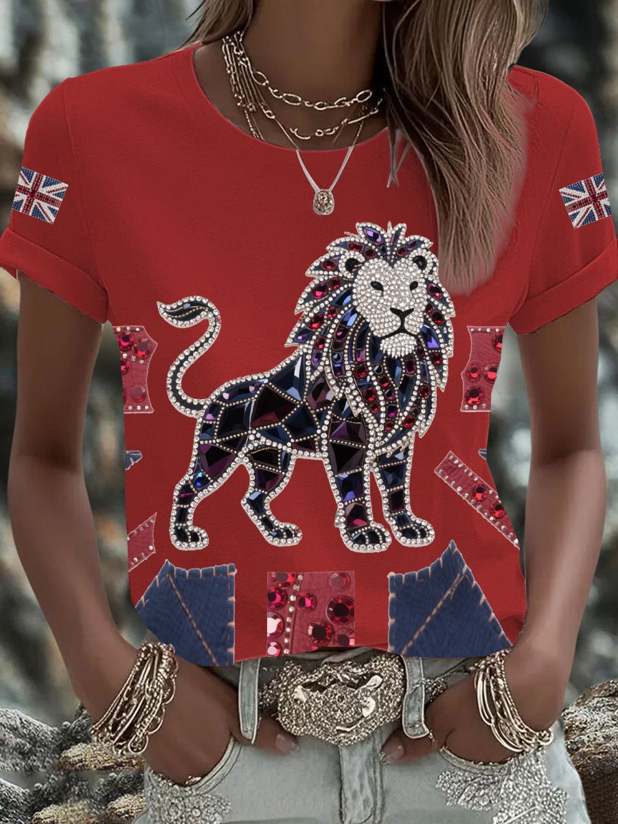 Women's British imitation diamond hot-drilling Printed Iron On Short Sleeve T-Shirt-2