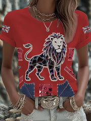 Women's British imitation diamond hot-drilling Printed Iron On Short Sleeve T-Shirt-2