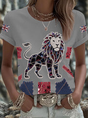 Women's British imitation diamond hot-drilling Printed Iron On Short Sleeve T-Shirt-3