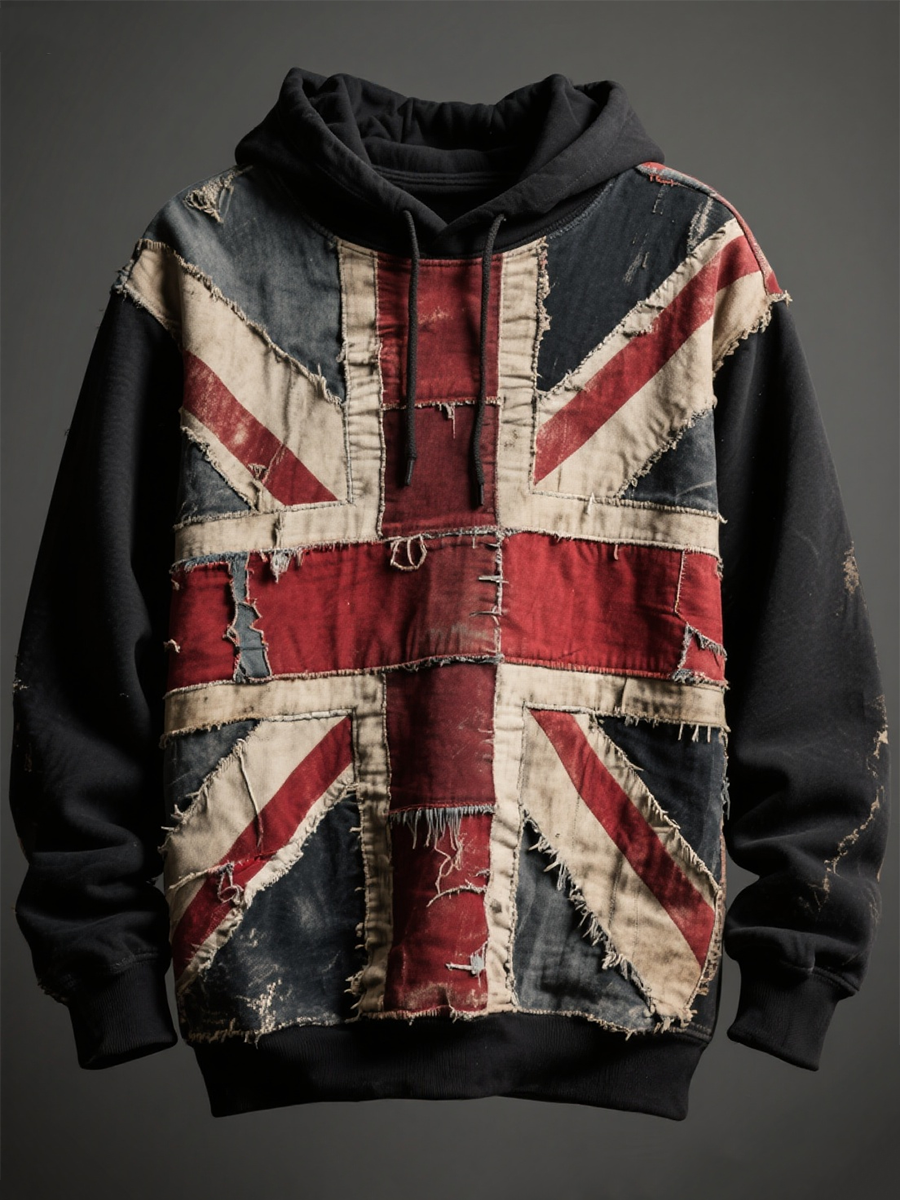 Unisex Union Jack and patchwork printed Drop-Shoulder Hoodie (No Pockets)