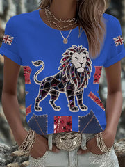 Women's British imitation diamond hot-drilling Printed Iron On Short Sleeve T-Shirt-4