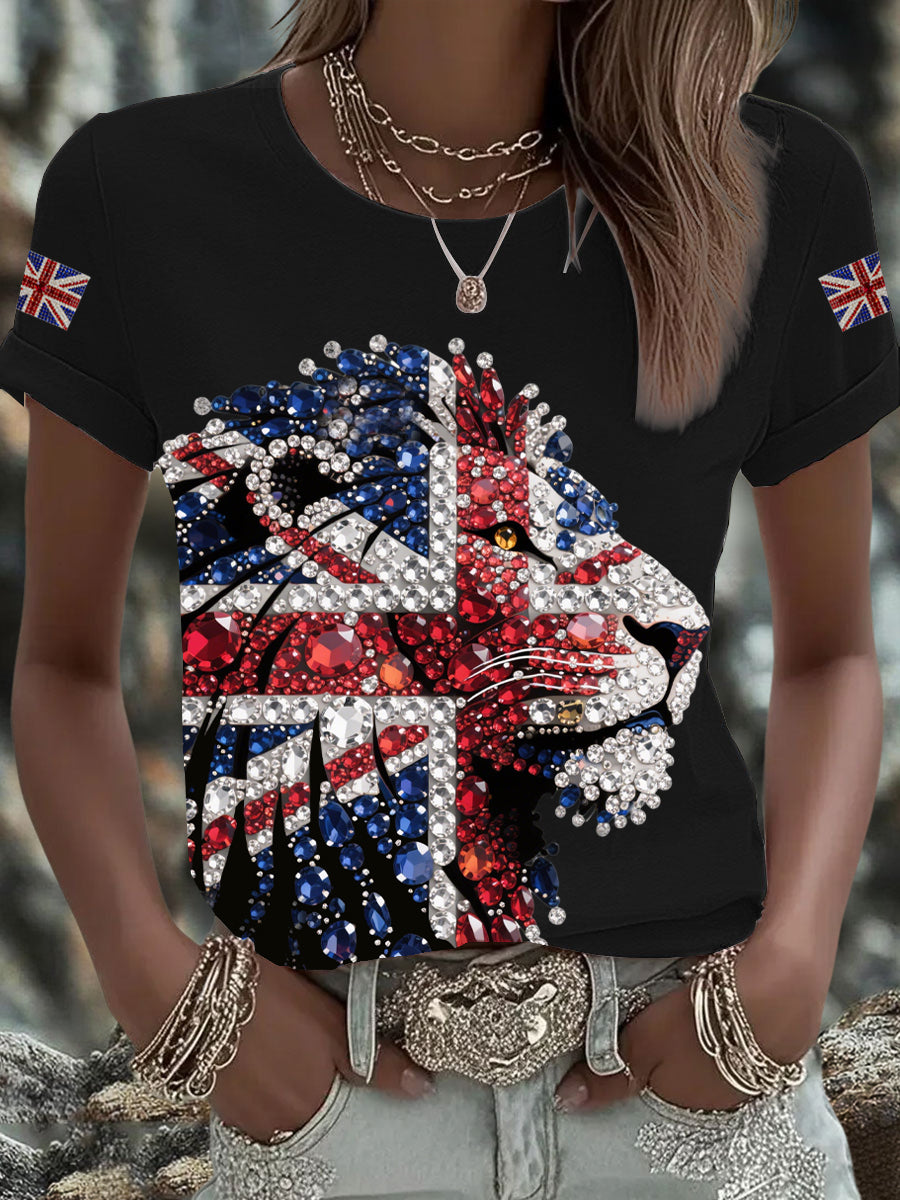 Women's British imitation diamond hot-drilling Printed Iron On Short Sleeve T-Shirt-1